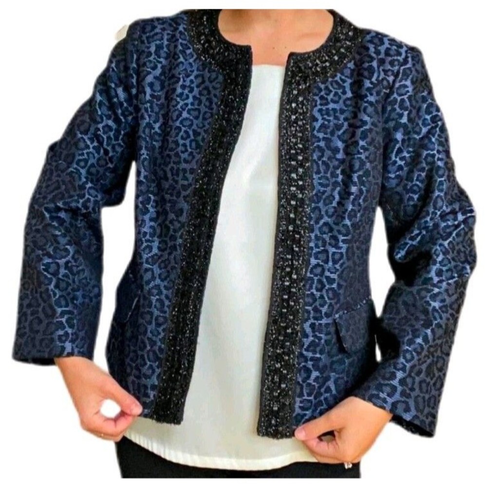 Chico's Blue Black Leopard Animal Print shimmer Open dressy blazer jacket L